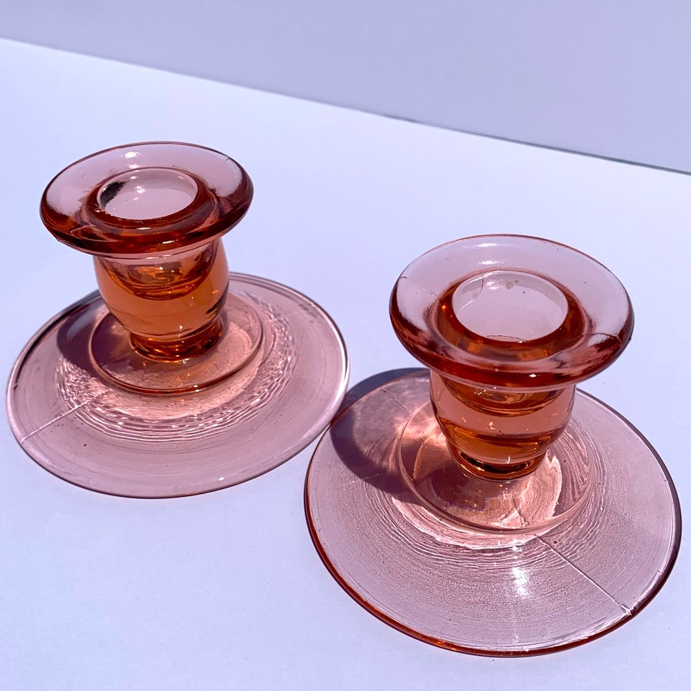 Vintage depression Rose Colored Glass Candlestick Holders Clean Simple Beautiful